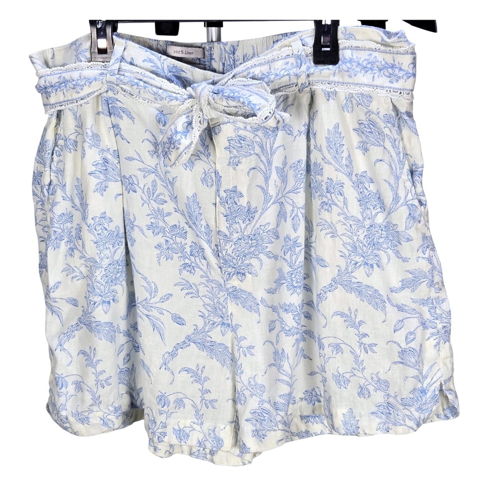Women's Laura Ashley Size XL Blue White Floral 100% Linen Tie Waist Shorts